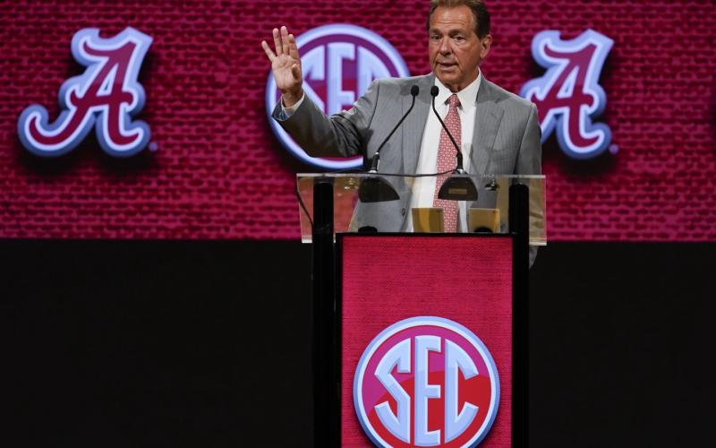 Alabama coach Nick Saban speaks during Southeastern Conference Media Days on Wednesday in Nashville, Tenn. (GEORGE WALKER IV/Associated Press)