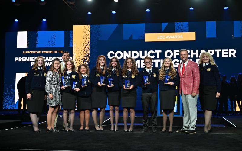 The Lafayette FFA Conduct of Chapter Meetings team, which included Kambry Moseley, Clara Knight, Harrison Jackson, Natalie Harper, Cailyn Hynds, Hallyn Hurst, Dayla Daniels and Silas Fletcher won the state title, the program’s fourth in the event. (COURTESY LAFAYETTE FFA)