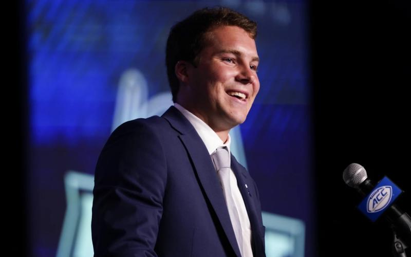 Duke quarterback Riley Leonard speaks during ACC Media Days on Wednesday in Charlotte, N.C. (ERIK VERDUZCO/Associated Press)