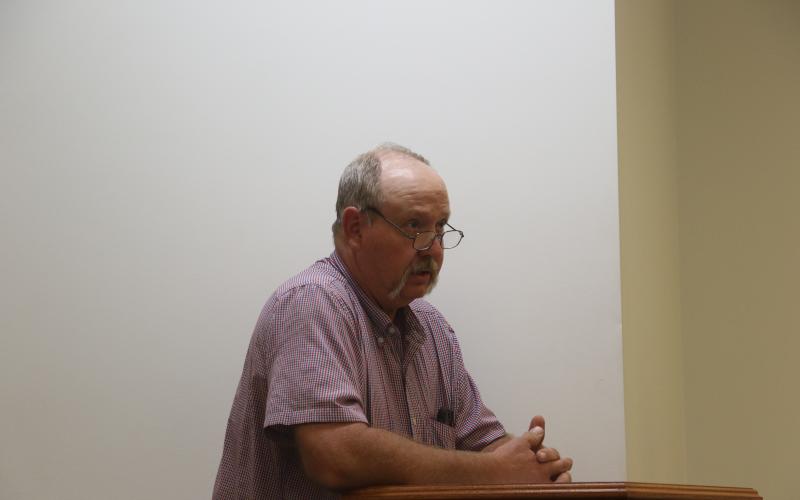 Lafayette County Public Works Director Scott Sadler discusses his department’s budgetary needs with the County Commission during a workshop Tuesday. (MORGAN MCMULLEN/Lake City Reporter)