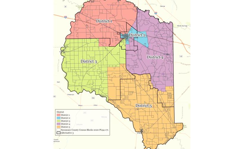 Suwannee County’s proposed redistricting map that the County Commission and School Board want to see ‘tweaked’ to help boost the Black representation in District 2. (COURTESY)