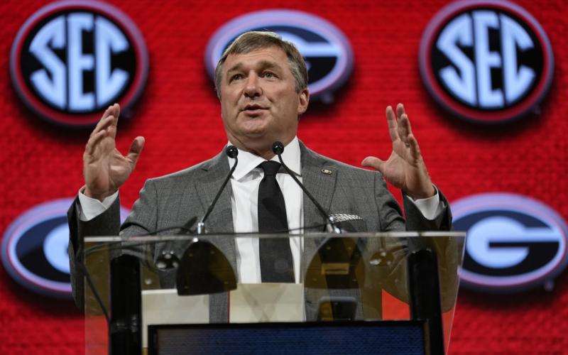 Georgia coach Kirby Smart speaks during Southeastern Conference Media Days on Tuesday in Nashville, Tenn. (GEORGE WALKER IV/Associated Press)