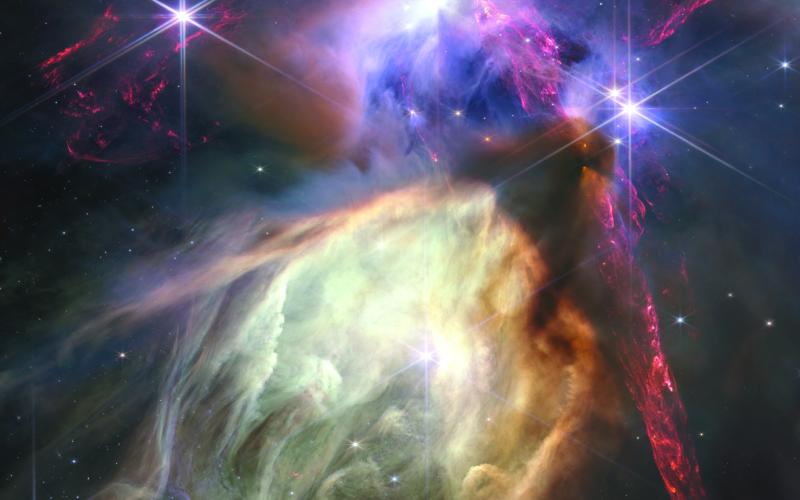 The first anniversary image released Wednesday shows NASA’s James Webb Space Telescope displaying a star birth like it’s never been seen before, full of detailed, impressionistic texture. The subject is the Rho Ophiuchi cloud complex, the closest star-forming region to Earth. (NASA, ESA, CSA, STSci, KLAUS PON)