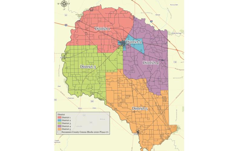 Suwannee County will consider four alternatives for its district maps at a workshop today. The current districts have a population spread of 67 percentage points from District 5 (largest) to District 2 (smallest). The county last went through redistricting in 1993. (COURTESY)