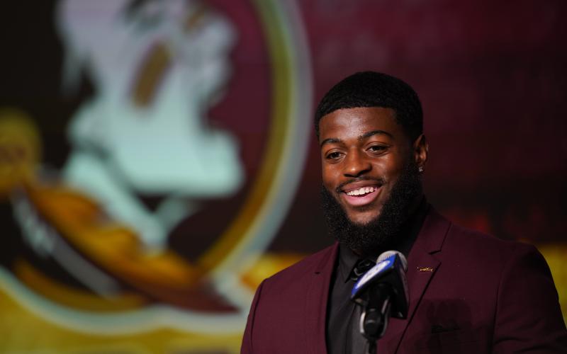 Florida State defensive lineman Jared Verse speaks during ACC Media Days on Wednesday in Charlotte, N.C. (ERIK VERDUZCO/Associated Press)