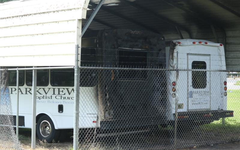 Parkview Baptist Church’s two buses were damaged in a fire Wednesday night. (JAMIE WACHTER/Lake City Reporter)