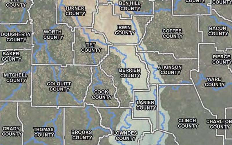 A preliminary flood risk map for the Alapaha watershed, the light shaded area on the map that includes most of the western portion of Hamilton County, will be presented at a meeting Thursday night at the Jasper Civic Center. (COURTESY)