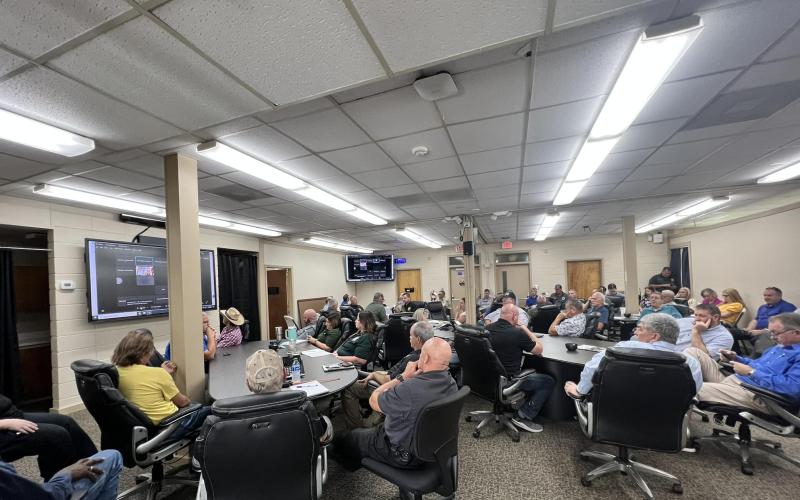 Suwannee County and City of Live Oak officials meet in the Emergency Operations Center on Monday to discuss preparations for Tropical Storm Idalia. (COURTESY LIVE OAK FIRE DEPARTMENT)