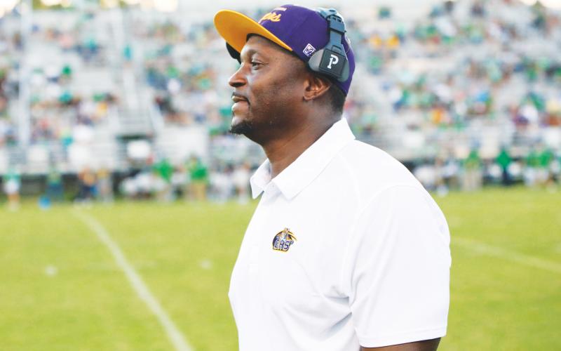 Columbia head coach Brian Allen looks on during Friday’s Preseason Classic against Suwannee. (BRENT KUYKENDALL/Lake City Reporter)