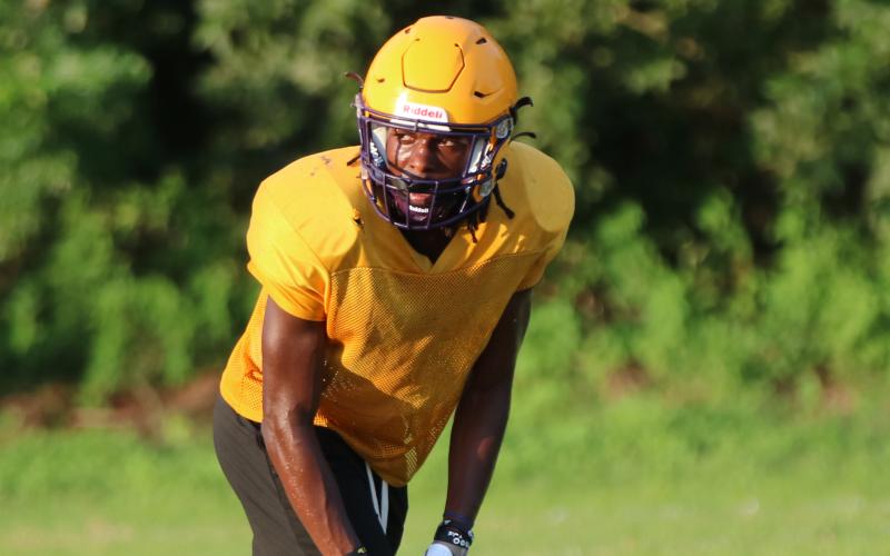 Columbia receiver JT Cook lines up for a snap during Wednesday’s practice. (JORDAN KROEGER/Lake City Reporter)