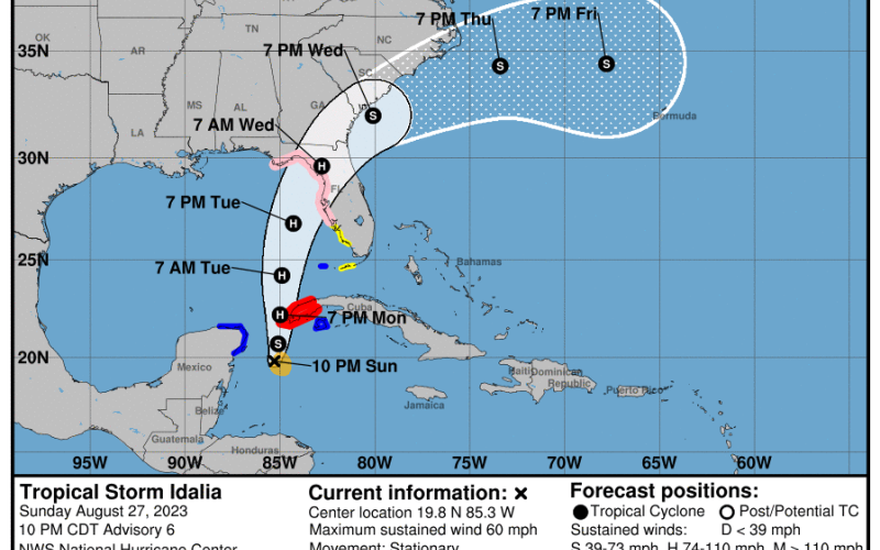 Tropical Storm Idalia formed in the Gulf of Mexico on Saturday and is projected to make landfall in Florida as a hurricane on Wednesday. (NATIONAL HURRICANE CENTER)