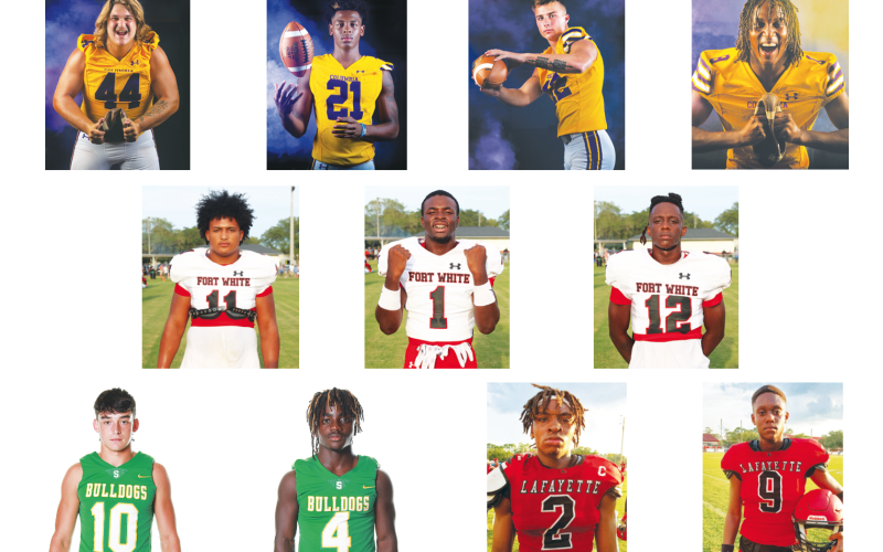 TOP ROW: CHS DL Caden Bolstein, CHS DB Jerome Carter, CHS WR Camdon Frier and CHS DB Markeyon Moore; MIDDLE ROW: FWHS LB/RB Lecosta Byrd, FWHS RB Dakota Fisher and FWHS WR/DB Najeeb Smith; BOTTOM ROW: SHS QB/DB Kodi Lang, SHS RB Marquavious Owens, LHS DL Amarie Fleming and LHS QB Tywan Williamson. (Columbia photos by Jen Chasteen; Fort White photos by Paul Buchanan; Suwannee photos by Tammy Johns; Lafayette photos by Rob Wolfe)