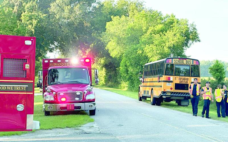 A Suwannee County school bus was involved in a crash Thursday morning, the first day of school for the district, when it backed into a car following it. (COURTESY SUWANNEE COUNTY FIRE RESCUE)