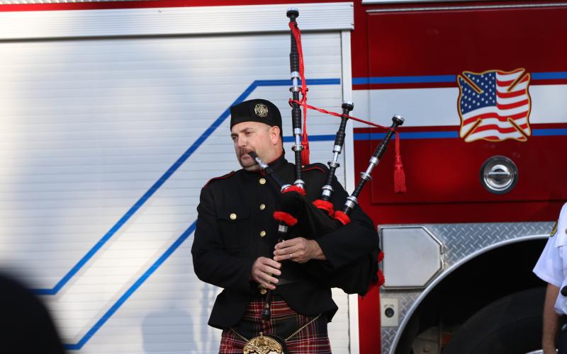 Matthugh Garbett with the Suwannee County Fire Rescue honor guard plays the bagpipes during Monday’s Patriot Day remembrance at the Live Oak Fire Department. (JAMIE WACHTER/Lake City Reporter)