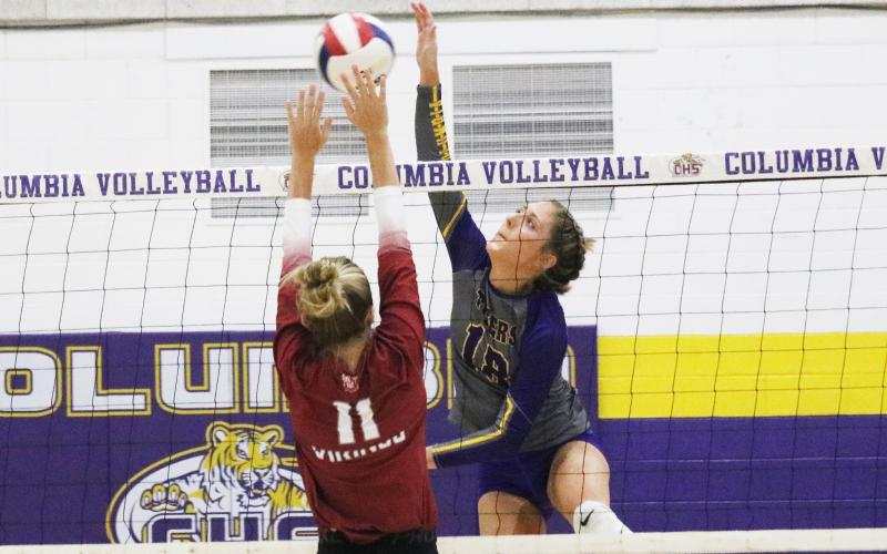 Columbia hitter Autumn Jones returns a shot against Lowndes on Thursday night. (JORDAN KROEGER/Lake City Reporter)