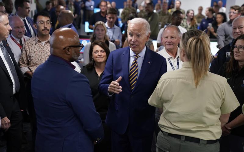 President Joe Biden speaks during a visit to FEMA headquarters, Thursday, Aug. 31, 2023, in Washington. Biden visited the headquarters to thank the team staffing the FEMA National Response Coordination Center (NRCC) throughout Hurricane Idalia and the ongoing federal response efforts to the fires on Maui, Hawaii. (ASSOCIATED PRESS)