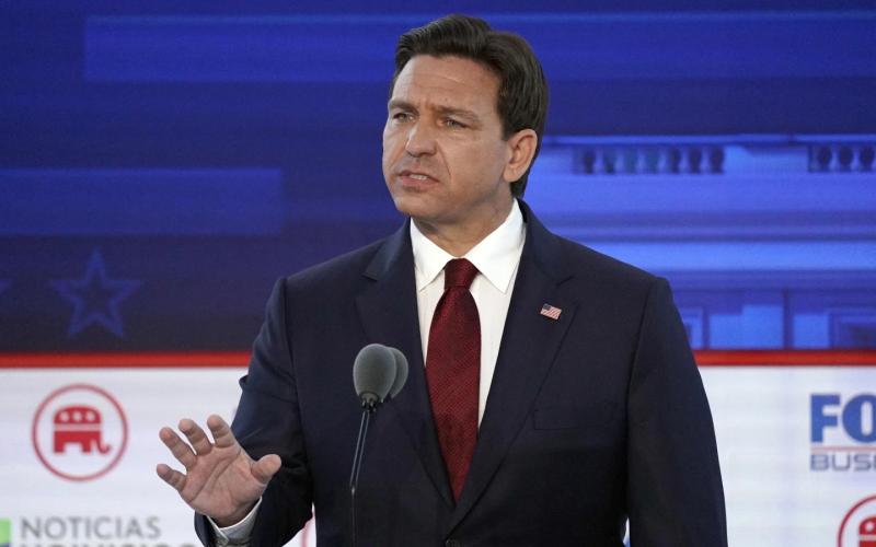 Florida Gov. Ron DeSantis speaks during a Republican presidential primary debate Wednesday at the Ronald Reagan Presidential Library in Simi Valley, Calif. (ASSOCIATED PRESS)
