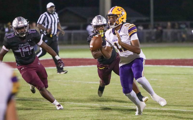 Columbia quarterback Zack Paulk rolls out to pass against Madison County on Friday. (BRENT KUYKENDALL/Lake City Reporter)