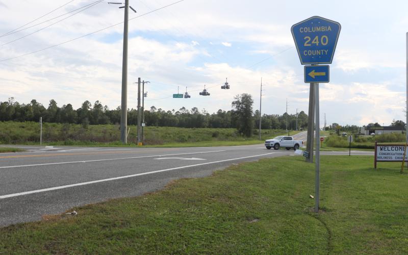 A vehicle pulls into the County Road 240 and State Road 247 intersection in southwestern Columbia County on Friday afternoon. Florida Department of Transportation plans to revamp the skewed intersection have been shelved after concerns from residents. (MORGAN MCMULLEN/Lake City Reporter)