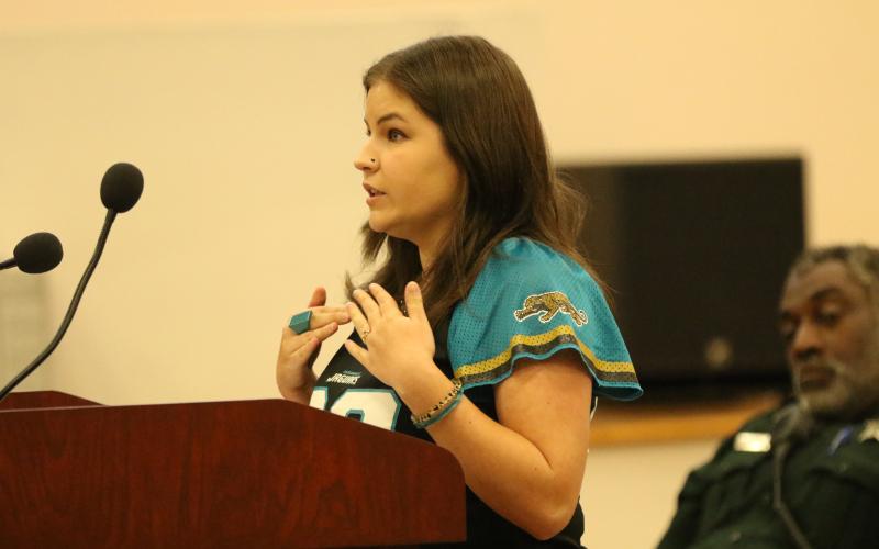 Gracie Meloy, a Lake City resident, told the Columbia County Commission she had to have a stray dog put down in September after it attacked and killed her cat. (JAMIE WACHTER/Lake City Reporter)
