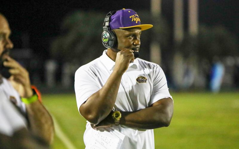 Columbia head coach Brian Allen looks on during a game against Trinity Christian on Sept. 22. (BRENT KUYKENDALL/Lake City Reporter)