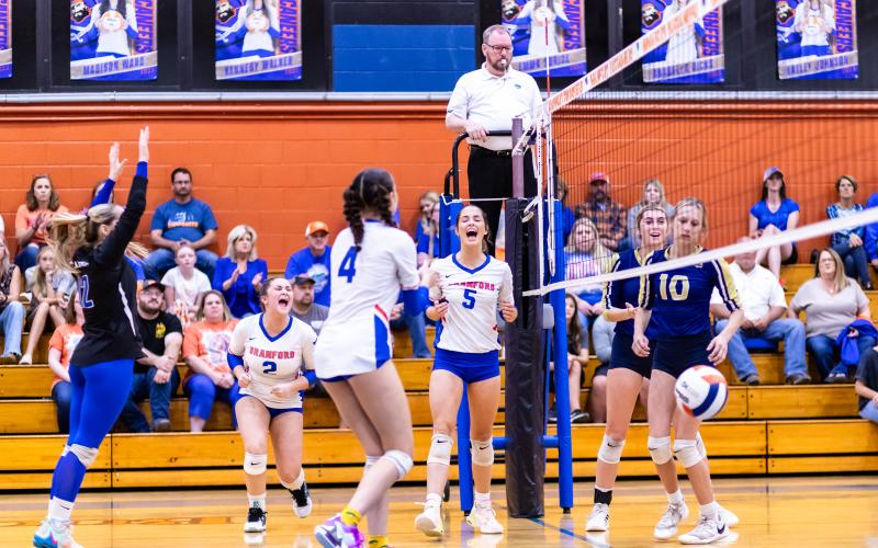 Branford outside hitter Kennedy Walker (5) celebrates with libero Erika Rioux (left), setter Andi Sabourin (2) and outside hitter Madison Ward (4) after a kill against Aucilla Christian during Thursday's Region 3-1A semifinal. (JACK HOWDESHELL/Special to the Reporter)