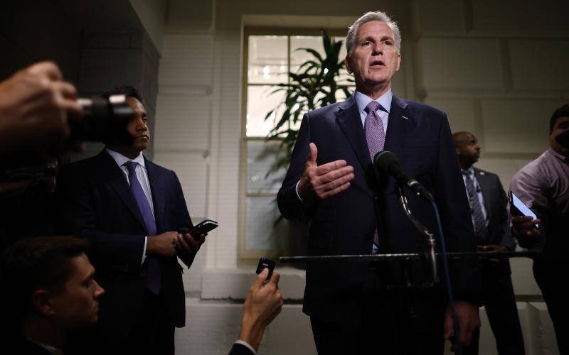Speaker of the House Kevin McCarthy talks to reporters following a House Republican conference meeting in the U.S. Capitol on Tuesday in Washington, D.C. (CHIP SOMODEVILLA/Getty Images/TNS)