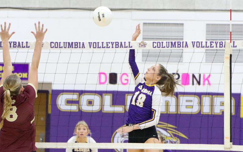 Columbia outside hitter Autumn Jones returns a shot against Oak Hall on Oct. 10. (BRENT KUYKENDALL/Lake City Reporter)