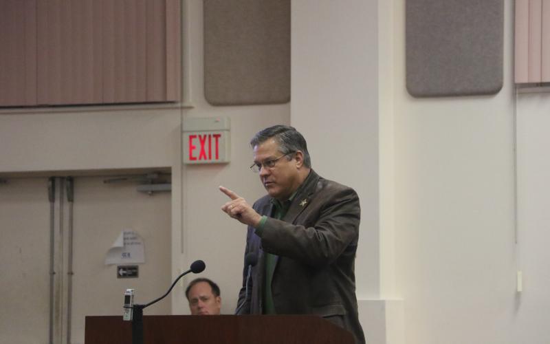 Sheriff Mark Hunter emphatically makes a point during his comments to the County Commission on Thursday night after his request to be placed on the meeting agenda was denied. (MORGAN MCMULLEN/Lake City Reporter)