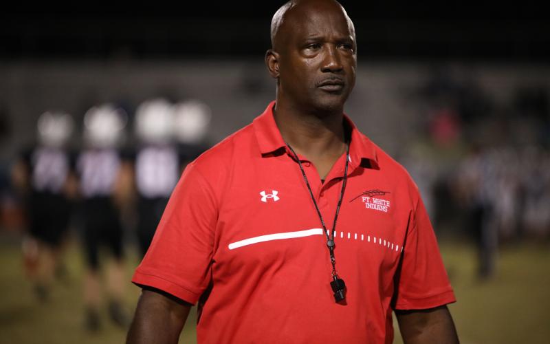 Fort White head coach Demetric Jackson looks on during a game against Ridgeview on Oct. 20. (BRENT KUYKENDALL/Lake City Reporter)