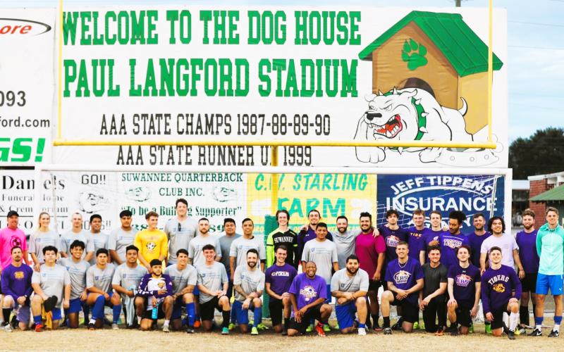 The 8th annual Steve Claffey Memorial Game will begin at 2 p.m. Saturday at Paul Langford Stadium with a match between Suwannee High alumni and those from Columbia High. The teams from last year’s game are pictured above. (COURTESY)