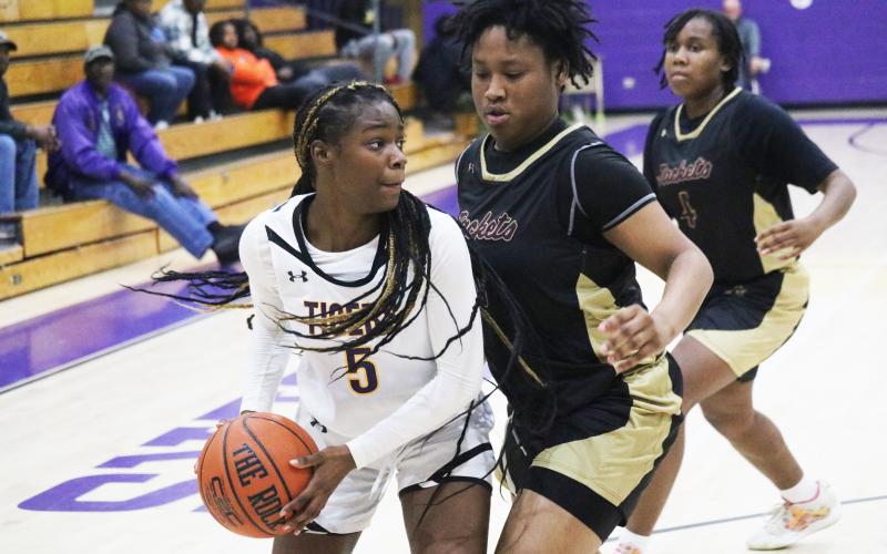 Columbia guard Erickah Roberson looks to pass while being defended by St. Augustine forward Da'Nahli Keyton on Thursday night. (JORDAN KROEGER/Lake City Reporter)