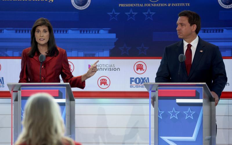 Republican presidential candidates former U.N. Ambassador Nikki Haley and Florida Gov. Ron DeSantis participate in a debate Sept. 27 in Simi Valley, California. (JUSTIN SULLIVAN/Getty Images/TNS)