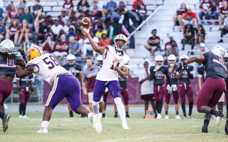 Former Columbia quarterback Zack Paulk throws a pass against Madison County on Sept. 15, 2023. (BRENT KUYKENDALL/Lake City Reporter)