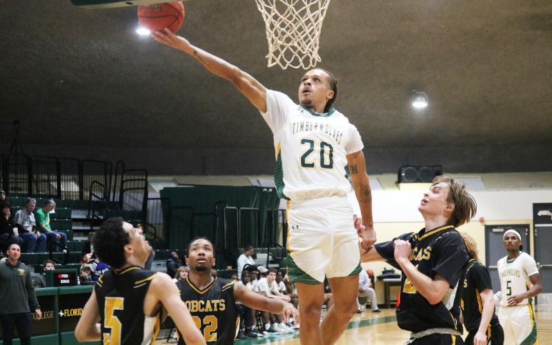 FGC guard Jazan Johnson makes a layup against Pasco-Hernando State College on Wednesday night. (JORDAN KROEGER/Lake City Reporter)