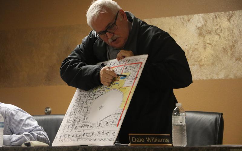 Lake Shore Hospital Authority Executive Director Dale Williams points out Block 111 on the Lake Shore Hospital campus during Monday’s meeting. (MORGAN MCMULLEN/Lake City Reporter)