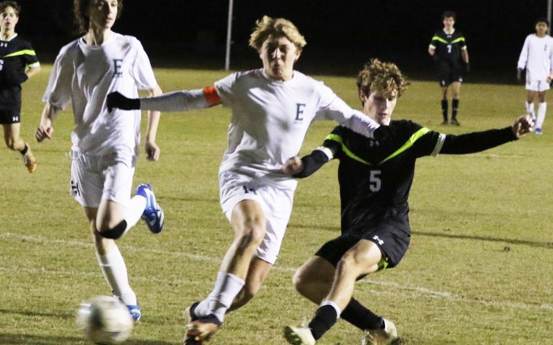 Columbia's Nathan Matsubara (5) scores a goal against Eastside on Dec. 15, 2023. (MORGAN MCMULLEN/Lake City Reporter)