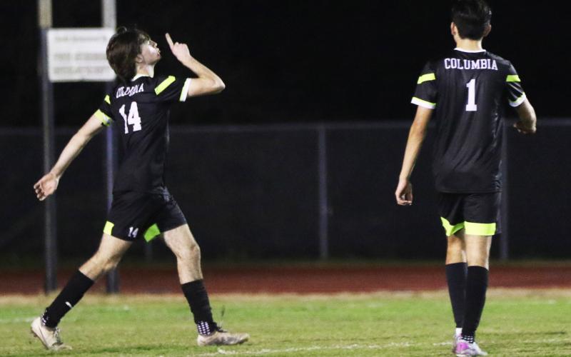 Columbia midfielder Bobby Shotwell shushes Middleburg after scoring a penalty kick during Thursday's District 2-5A quarterfinal. (JORDAN KROEGER/Lake City Reporter)