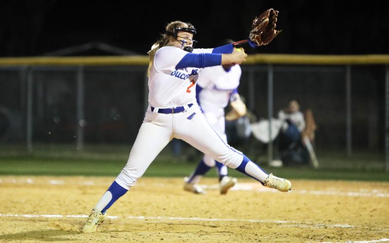Branford pitcher Laila Arnold winds to pitch against Columbia on Thursday night. (BRENT KUYKENDALL/Lake City Reporter)