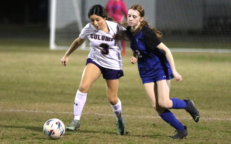 Columbia's Ashlie Caballero battles with Clay's Sarah Cochrane during the District 2-5A semifinals on Jan. 26. (MORGAN MCMULLEN/Lake City Reporter)