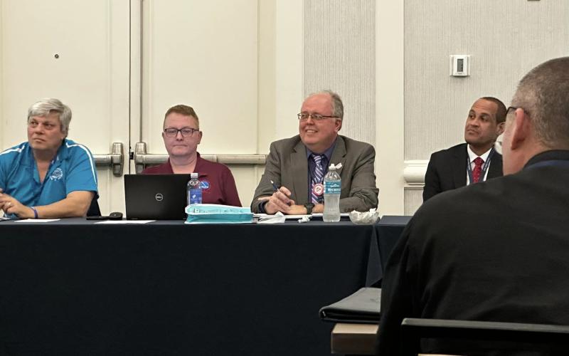 Columbia County Emergency Management Director Shayne Morgan (second from right) listens during a panel discussion at the 2024 Florida Emergency Preparedness Association conference. (COURTESY)