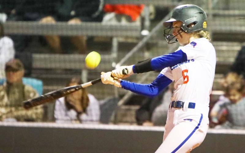 Branford third baseman Madyson Sikes hits the game-tying RBI single in the seventh inning of last Thursday's win over Columbia. (BRENT KUYKENDALL/Lake City Reporter)