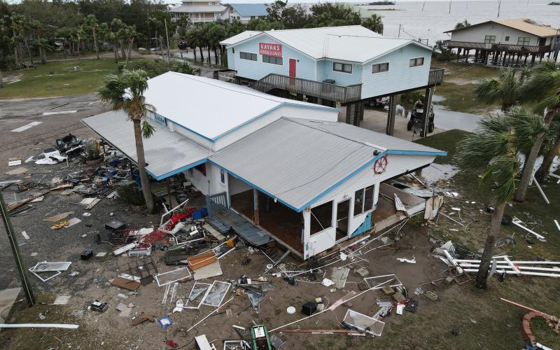 The first drone photos of Florida’s Horseshoe Beach in the Big Bend area after Hurricane Idalia made landfall in August 2023. (MAX CHESNES/Tampa Bay Times/TNS)