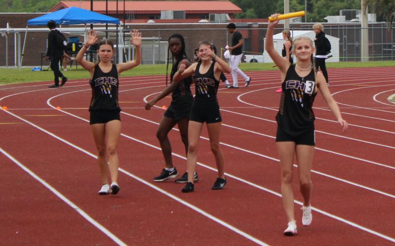 Kensi Shaw, Mariah Newman-Ross, Melanie Gordon and Abigail Candler won the girls 4x800 relay at the Tiger Open on Saturday. (COURTESY)