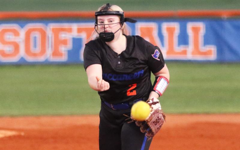 Branford pitcher Laila Arnold winds up to pitch against Columbia on Tuesday. (MORGAN MCMULLEN/Lake City Reporter)