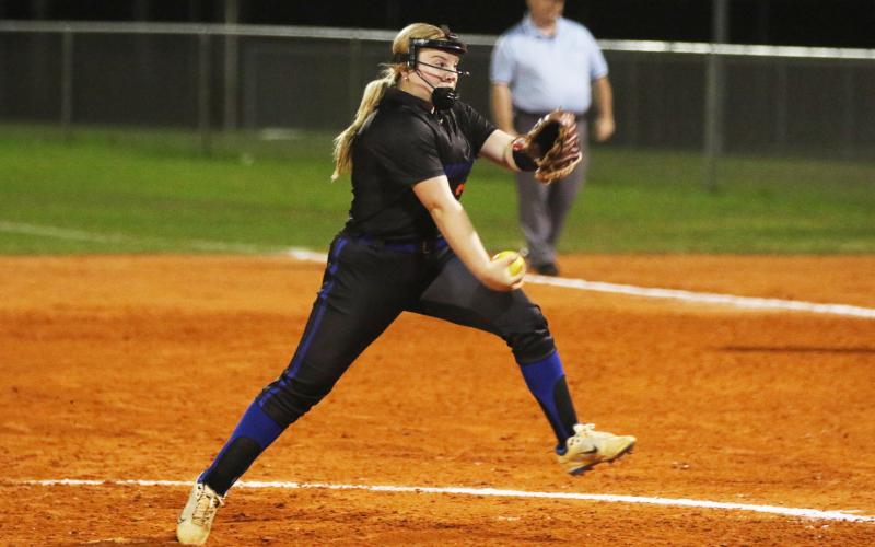 Branford’s Laila Arnold winds up for a pitch during Tuesday’s 1-0 win over Columbia. Arnold struck out eight Tigers on her way to a complete-game shutout. (MORGAN MCMULLEN/Lake City Reporter)