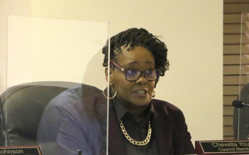 Councilwoman Chevella Young speaks during Monday’s meeting. (MORGAN MCMULLEN/Lake City Reporter)