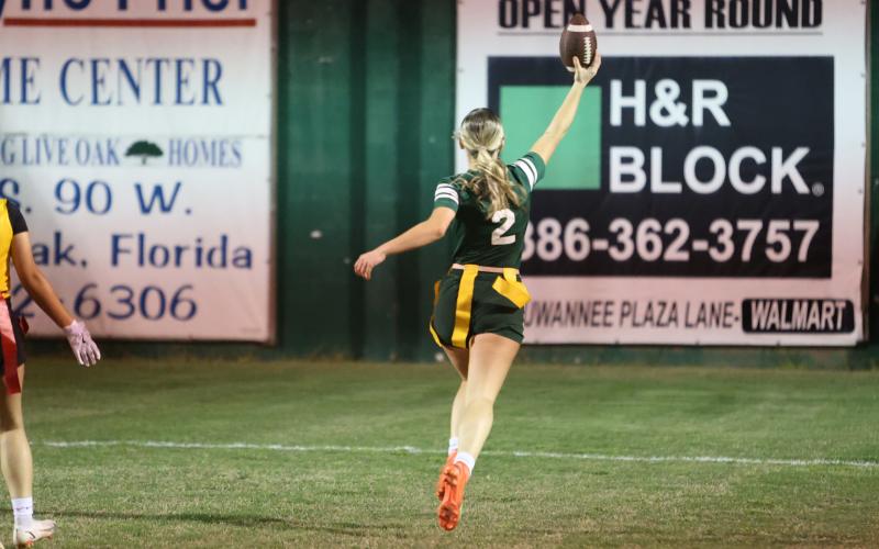 Suwannee receiver Hannah Humphries celebrates running into the end zone as she scores the go-ahead touchdown against Columbia on Tuesday. (PAUL BUCHANAN/Special to the Reporter)