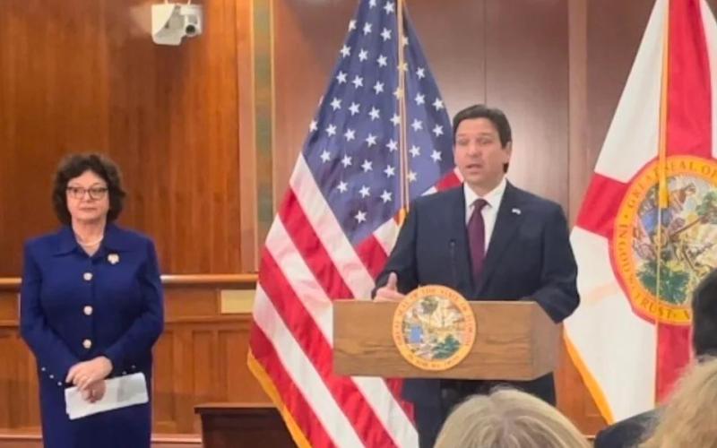 Gov. Ron DeSantis discusses the 2024 legislative session budget as Senate President Kathleen Passidomo listens Friday. (NEWS SERVICE OF FLORIDA)