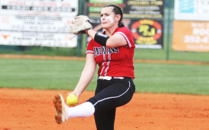 Fort White pitcher Kadence Compton delivers a pitch during Tuesday’s game against Trenton. (MORGAN MCMULLEN/Lake City Reporter)